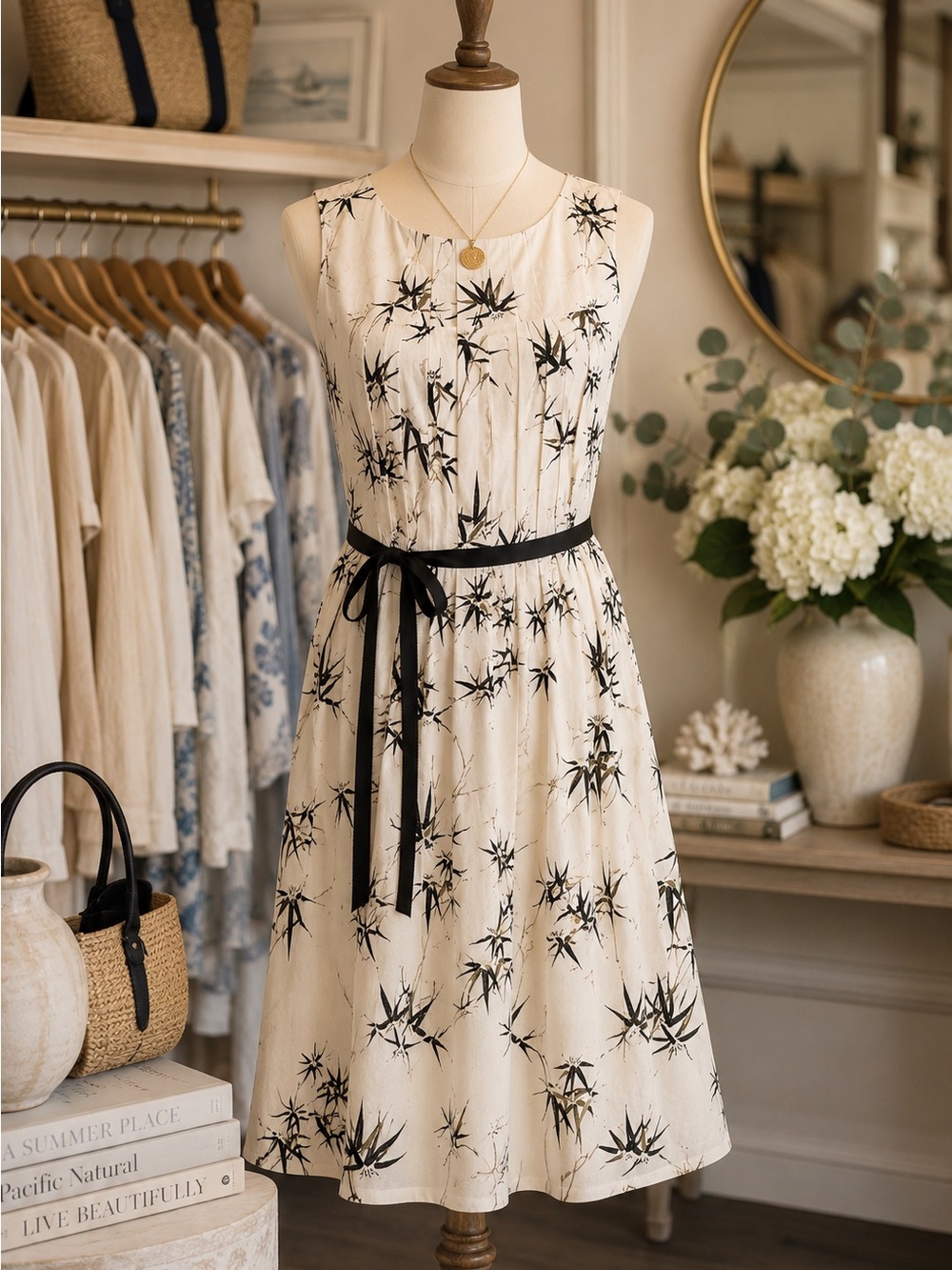 Talbots Ivory Midi Dress with Black Floral Print and Black Ribbon - Picture 2 of 9